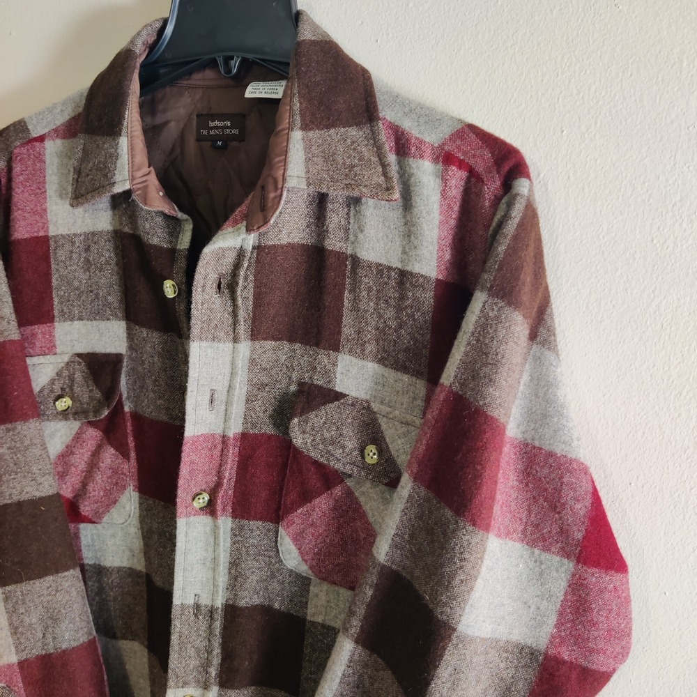 Vintage 90s Hudson's Plaid Flannel Button Up Quilted Lined Shirt Jacket Red Sz M